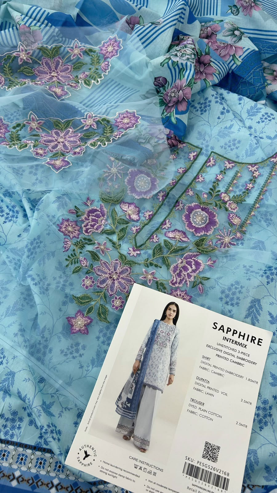 SAPPHIRE EMB LAWN 3 PC