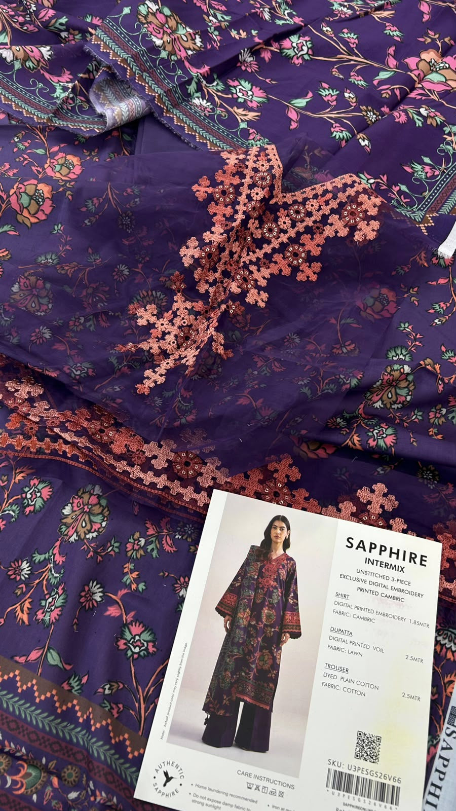 SAPPHIRE EMB LAWN 3 PC